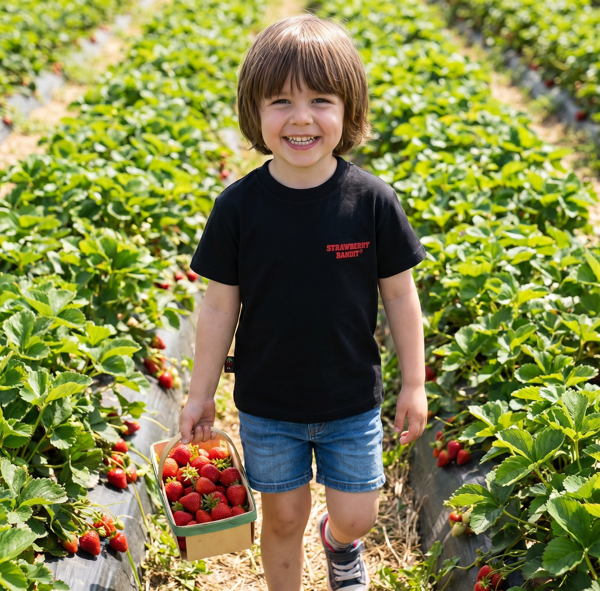 Strawberry Bandit heavyweight Turkish cotton kids' T-shirt in midnight black, showcasing a comfortable, casual fit.