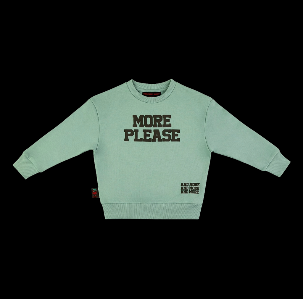 Light Green MORE PLASE quality Cotton Crewneck. Puff graphic.

