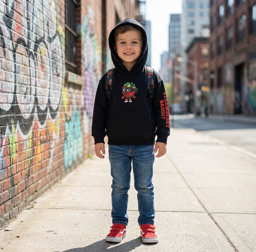 Cute  Strawberry Logo natural cotton black toddler hoodie playground fun