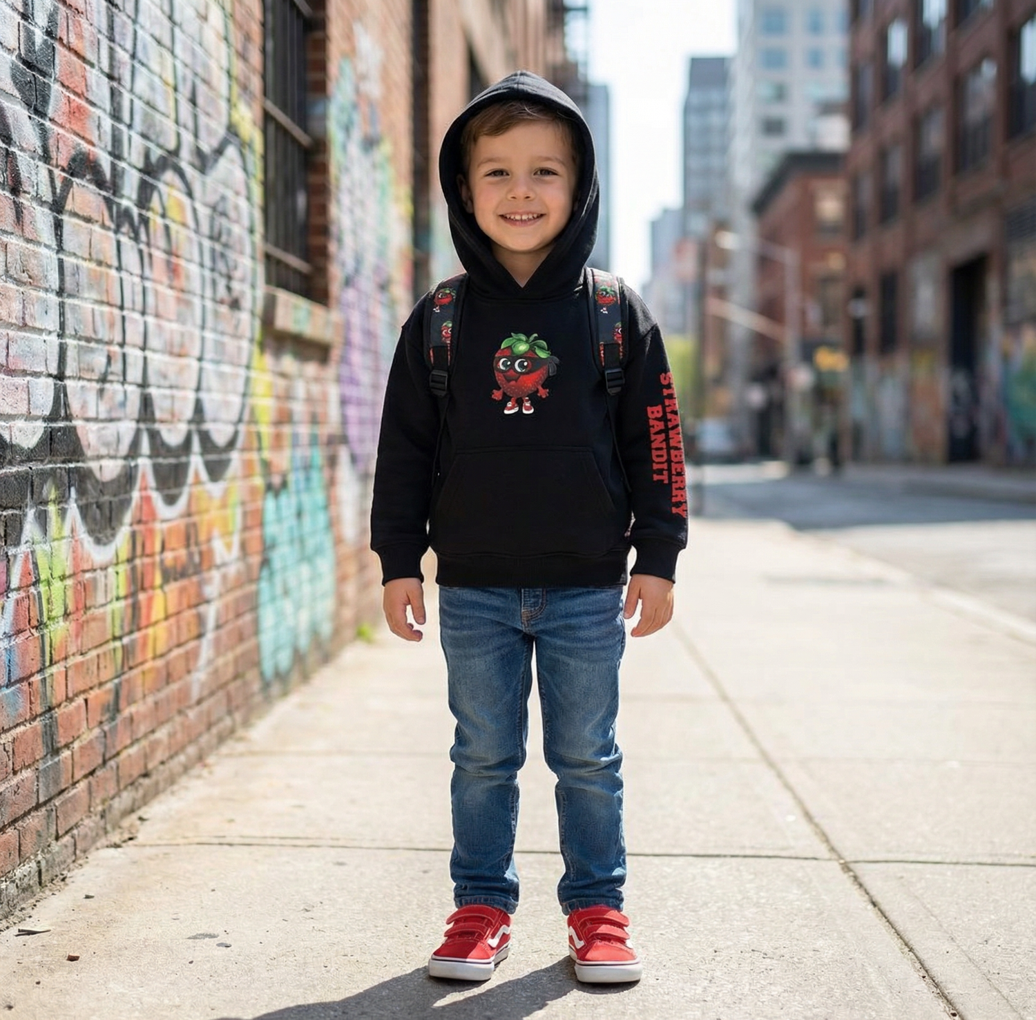 Cute  Strawberry Logo natural cotton black toddler hoodie playground fun