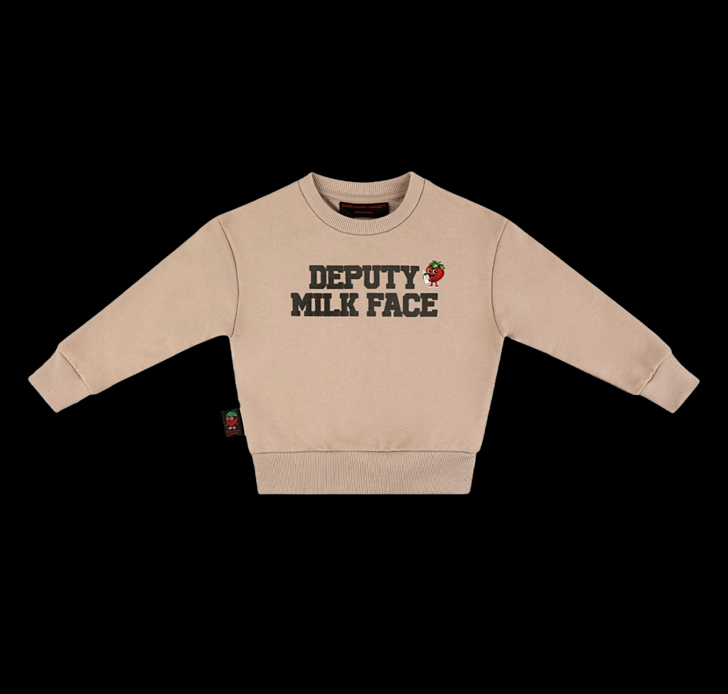 Natural Cotton Capuccino color kids crewneck puff print, cute strawberry character.