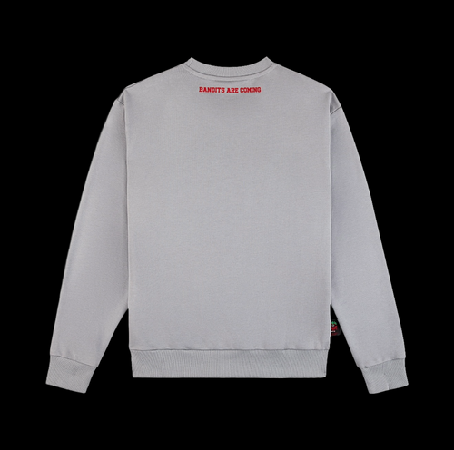 Gray Strawberry Bandit Heavyweight sweatshirt with red text on the back against a black background