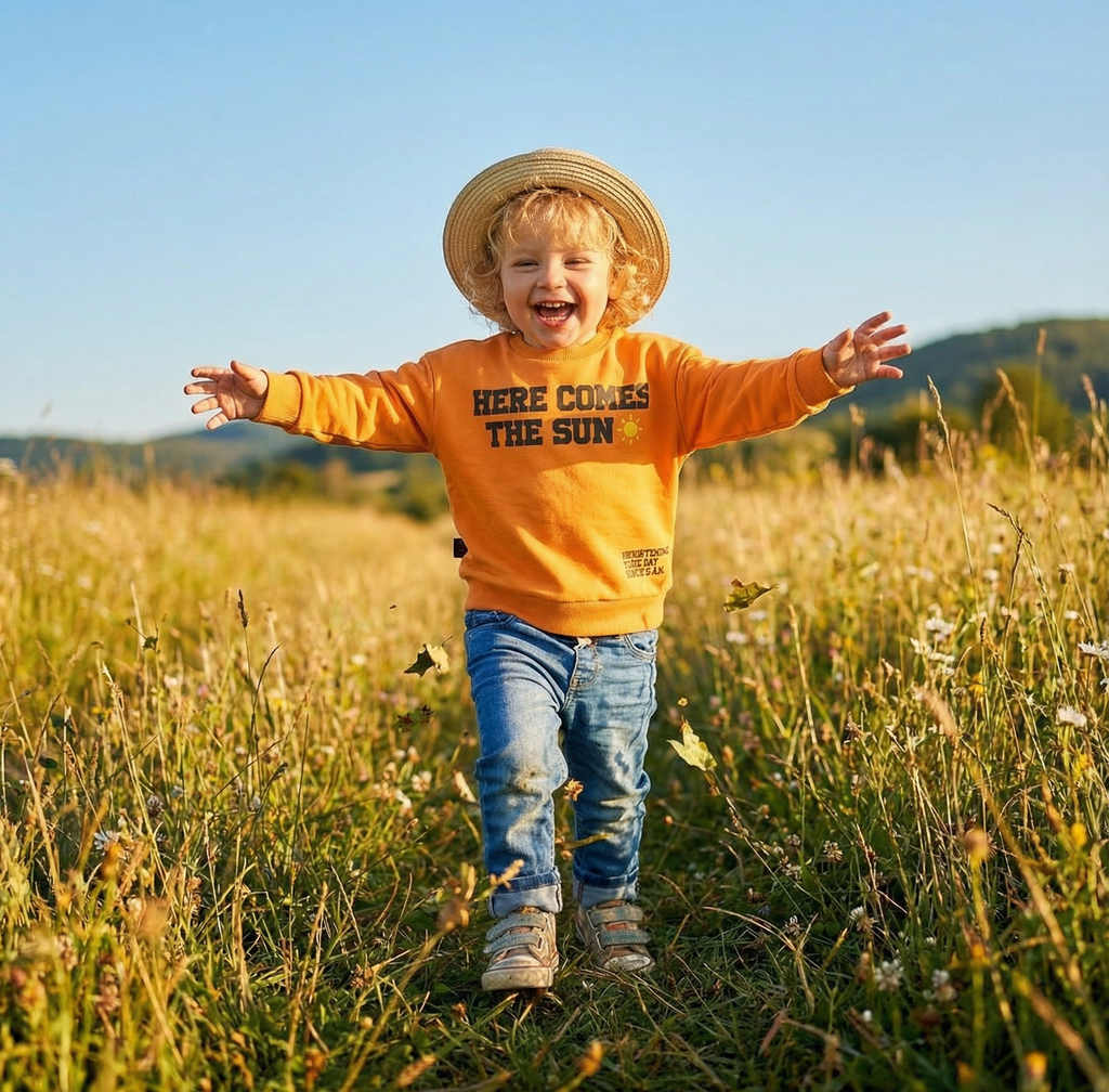 Cute Soft Natural Cotton Crewneck in fun Orange playground fun print