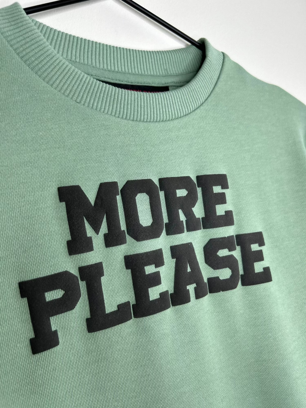 ‘MORE PLEASE’ Crewneck Strawberry Bandit Puff Graphic Green Crewneck.