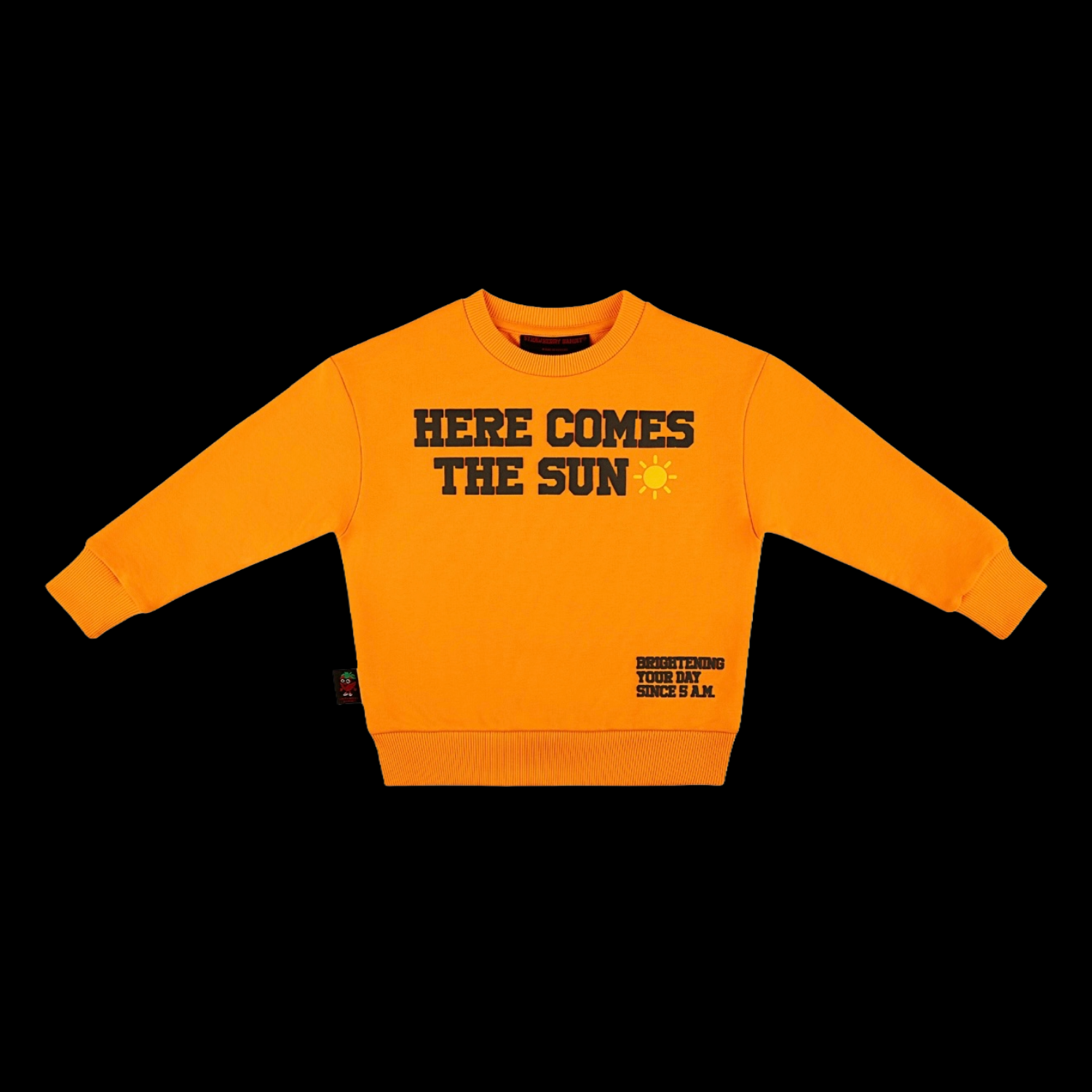 Bright orange crewneck sweatshirt by Strawberry Bandit with "Here Comes The Sun" design, casual and comfortable for everyday wear.