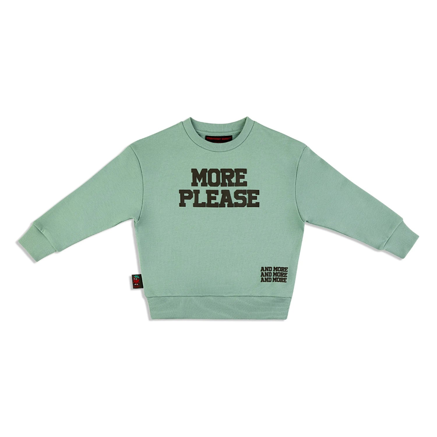 ‘MORE PLEASE’ Crewneck Strawberry Bandit. Puff graphic.
