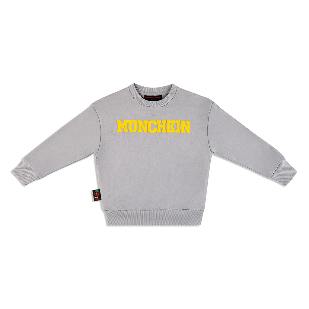 ‘MUNCHKIN’ Crewneck with Yellow Puff Print Strawberry Bandit 400 gsm Cotton.