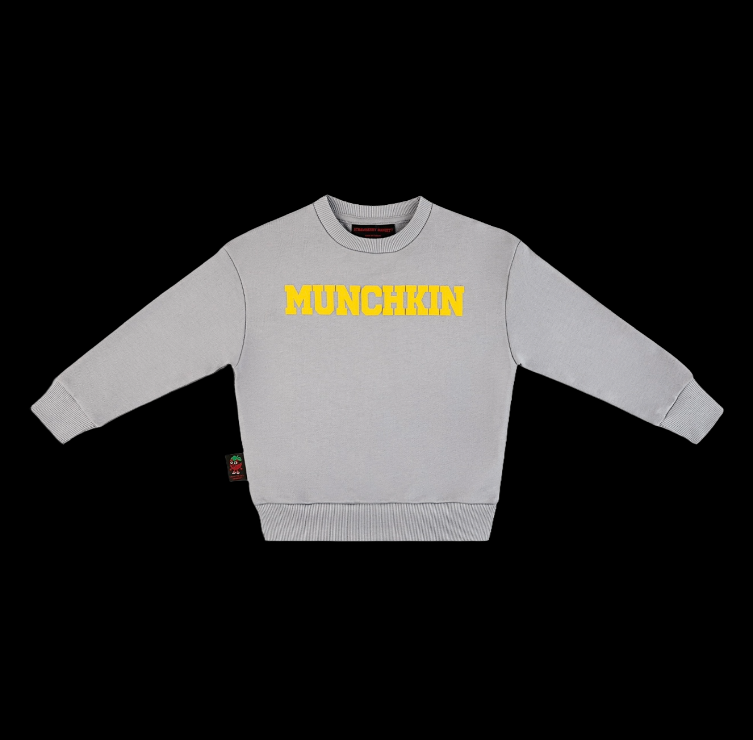Strawberry Bandit MUNCHKIN Crewneck in Sharkskin Gold Fusion Edition puff print, featuring a stylish yellow design on a gray crewneck sweatshirt.