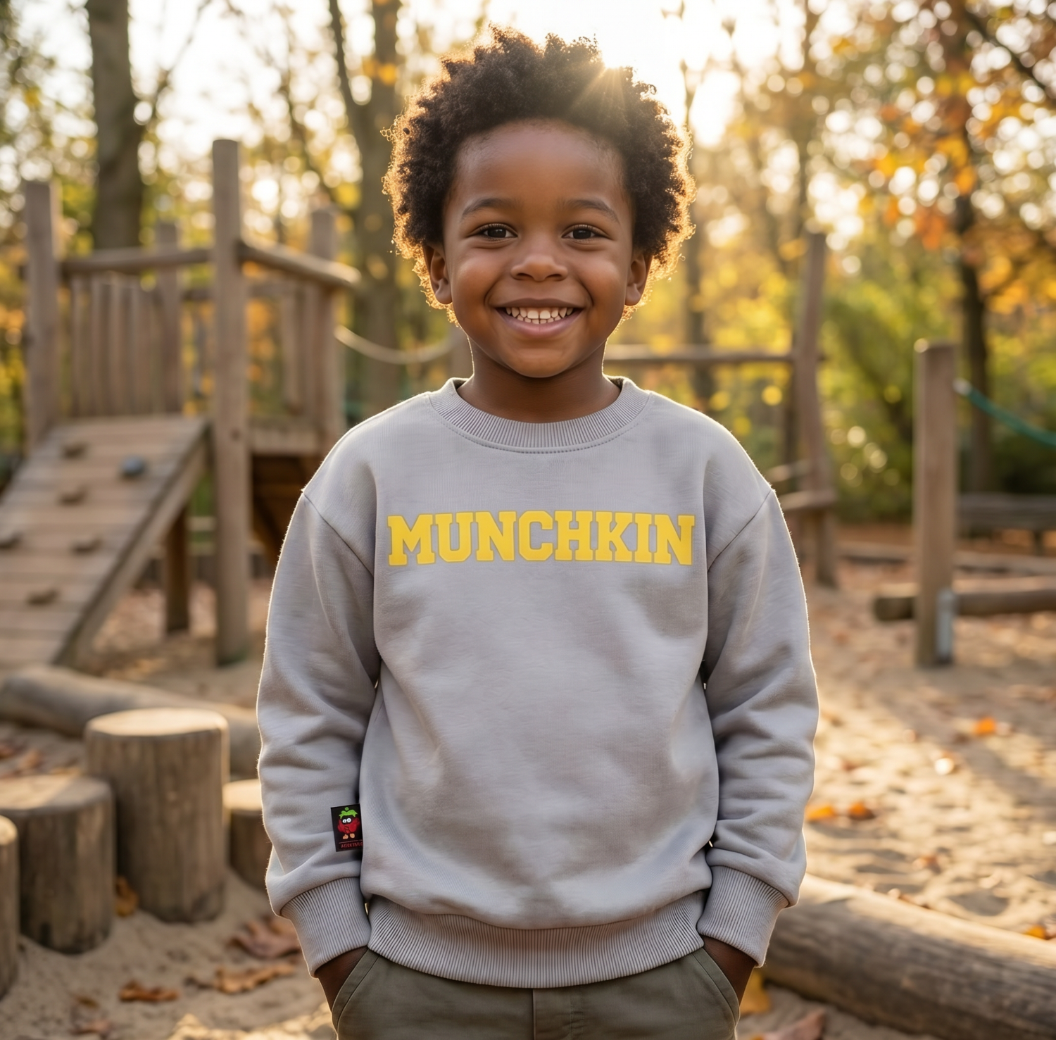 Strawberry Bandit MUNCHKIN Crewneck in Sharkskin Gold Fusion Edition, a stylish Yellow Puff print and Sharkskin Grey cotton crewneck.