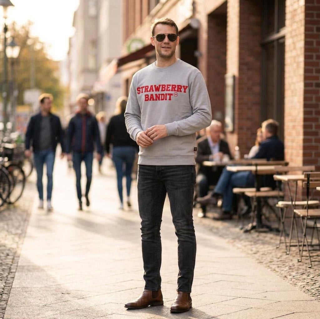 Strawberry Bandit 400 GSM cotton unisex sharkskin crewneck sweatshirt, front view showing soft fabric and slightly relaxed fit.
