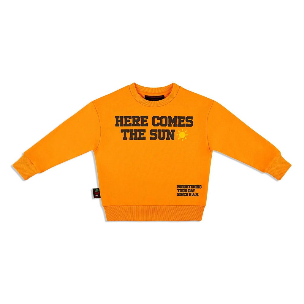 'HERE COMES THE SUN' Crewneck Strawberry Bandit Bright Orange Puff Print