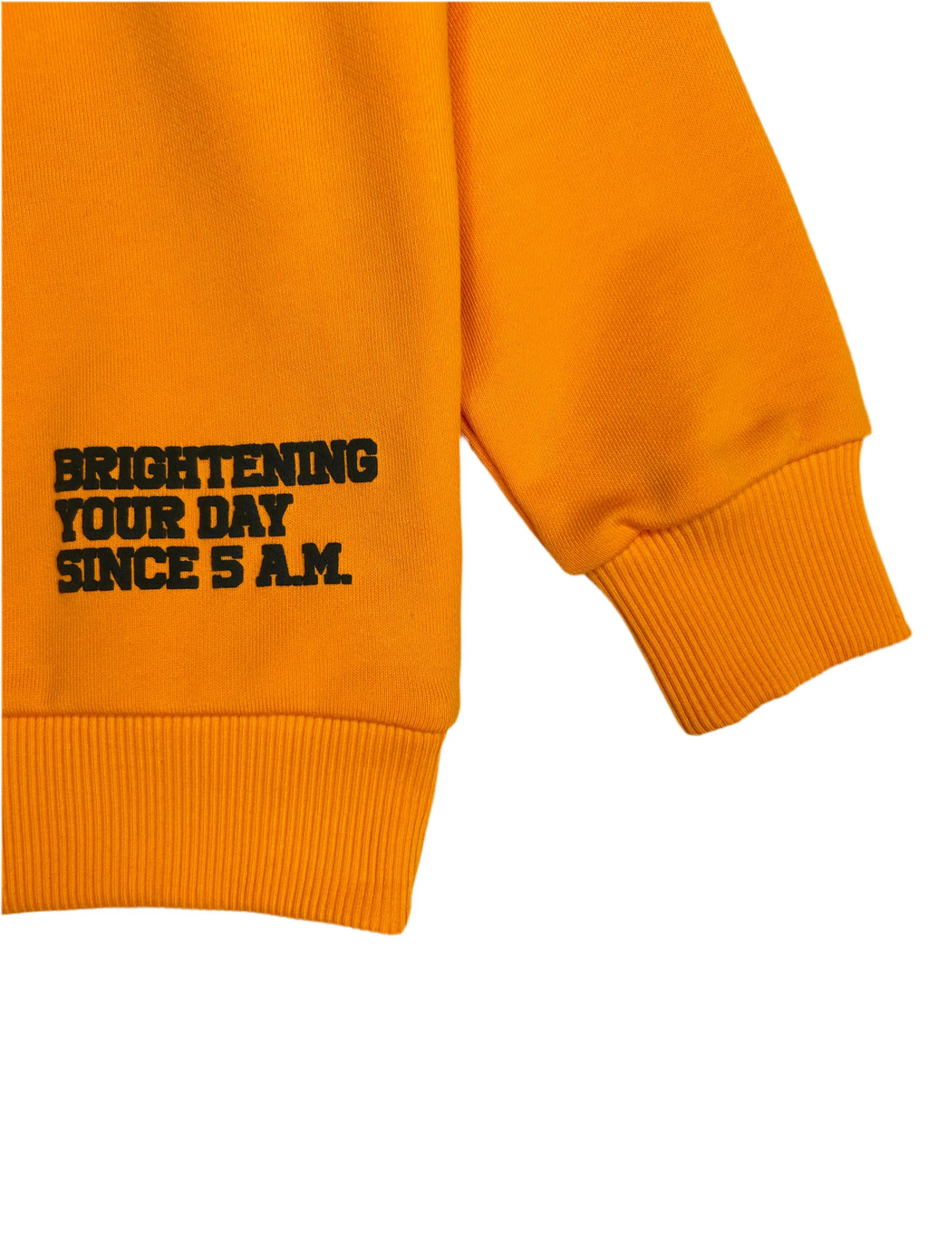 'HERE COMES THE SUN' Crewneck Strawberry Bandit Bright Orange Cotton Close-up.
