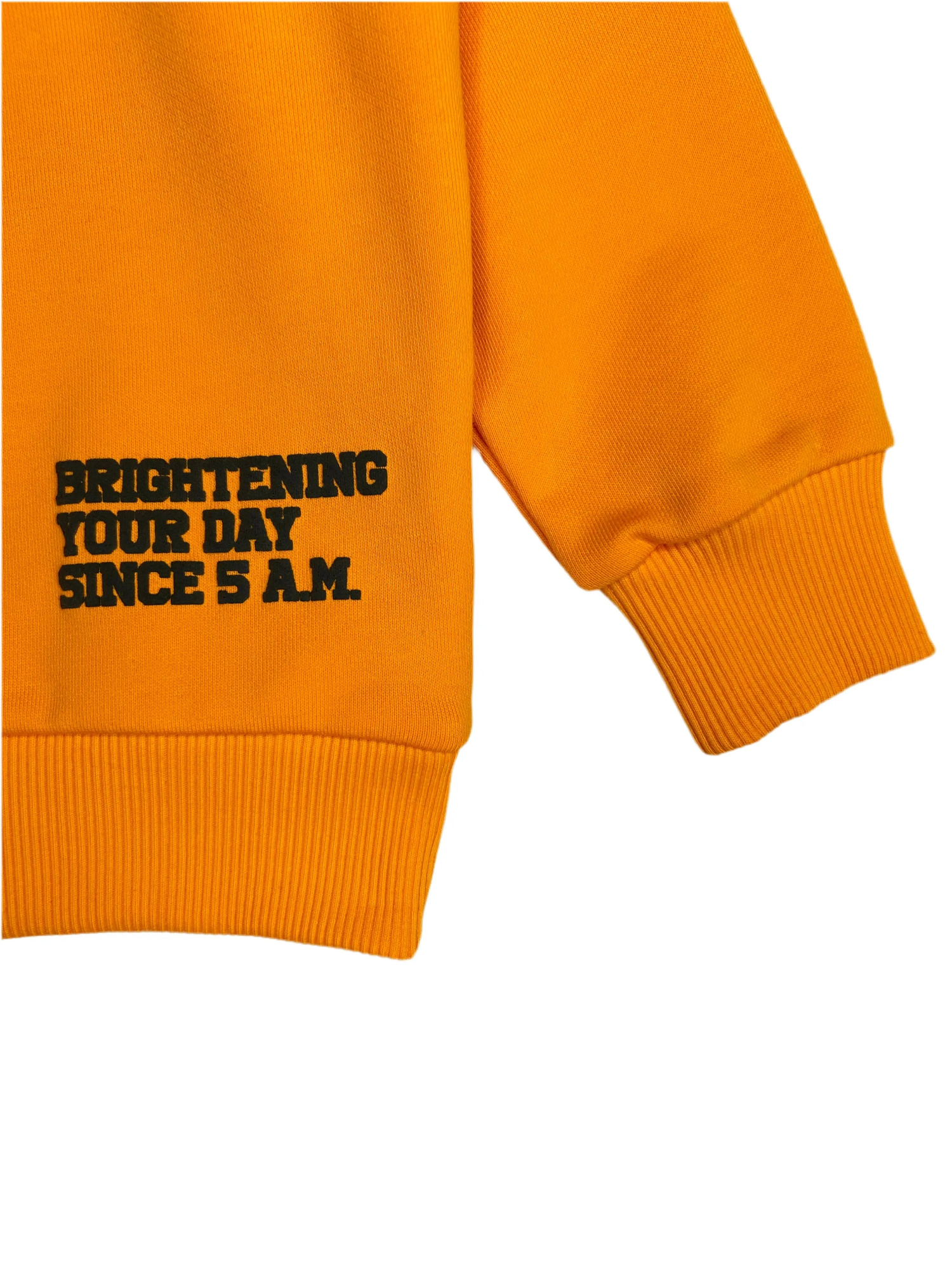 'HERE COMES THE SUN' Crewneck Strawberry Bandit Bright Orange Cotton Close-up.