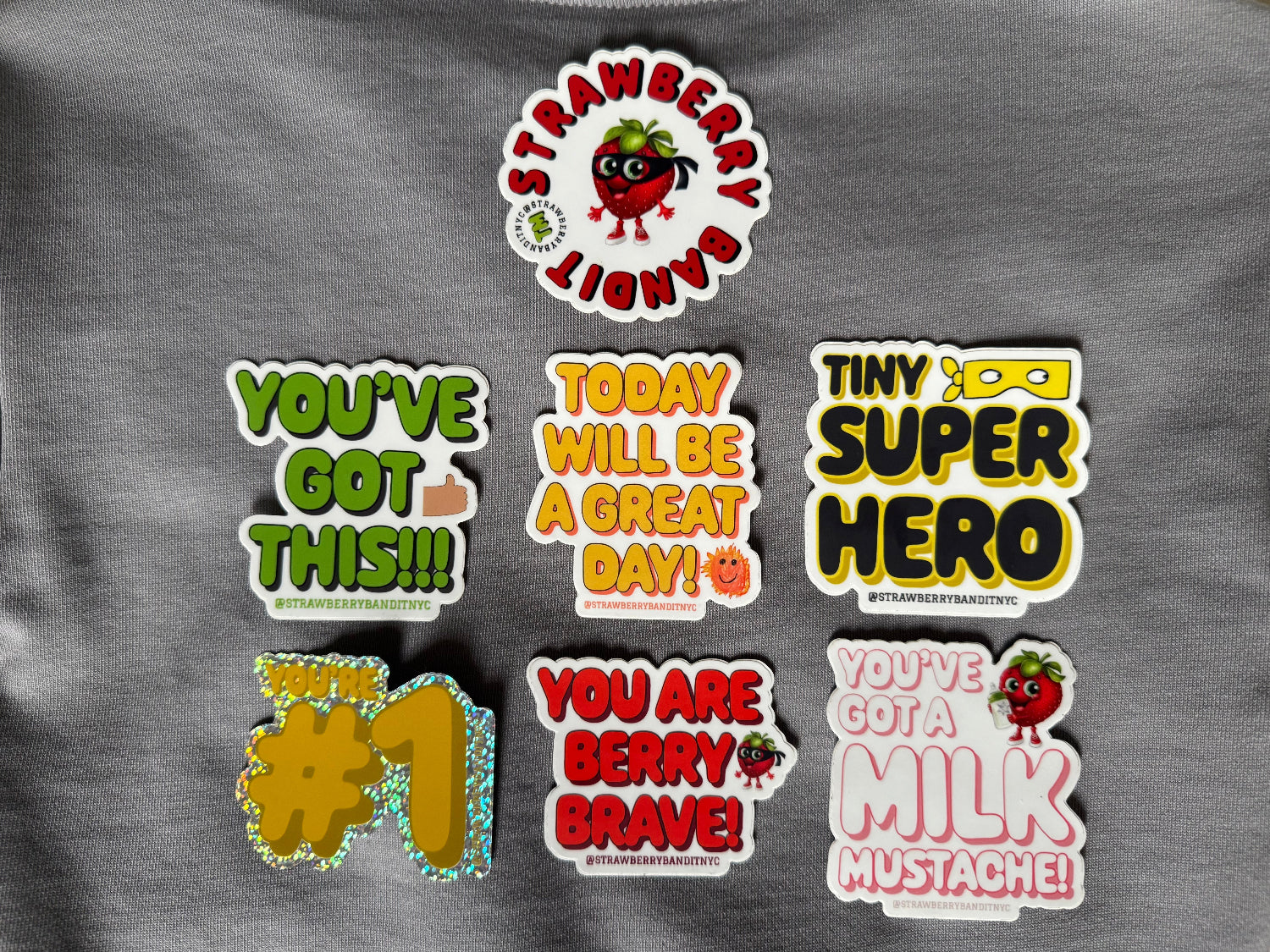 Colorful Strawberry Bandit sticker set featuring playful cartoon characters and vibrant fruit-themed designs.