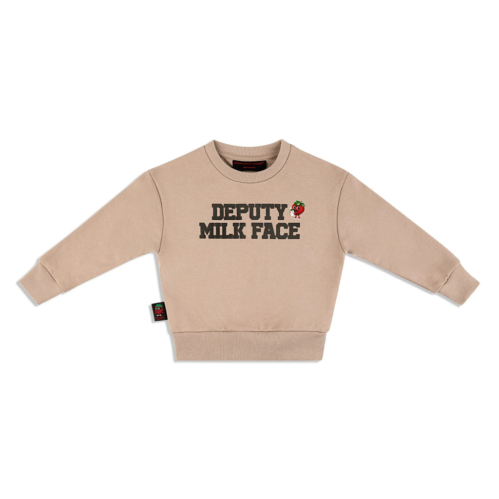 ‘DEPUTY MILK FACE’ Crewneck Strawberry Bandit. Puff graphic, trendy cappuccino color.