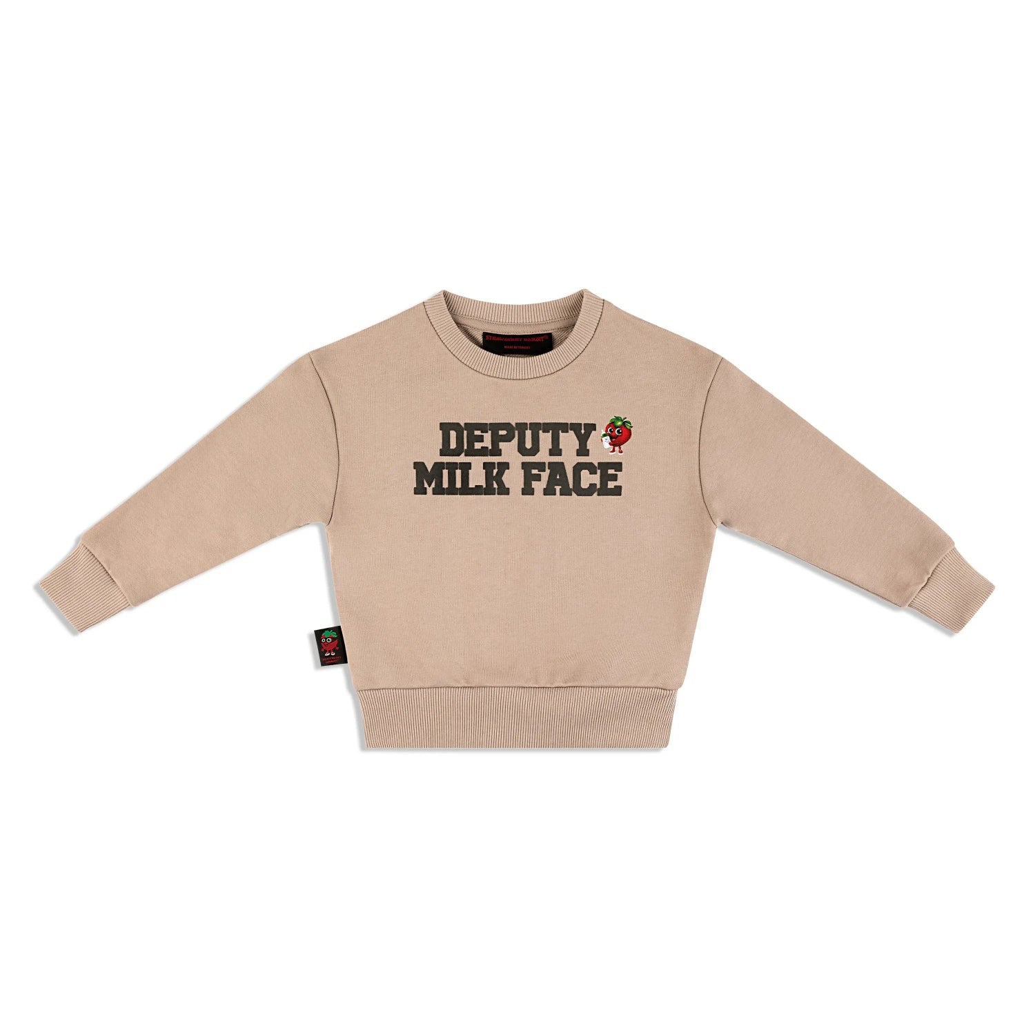 ‘DEPUTY MILK FACE’ Crewneck Strawberry Bandit. Puff graphic, trendy cappuccino color.