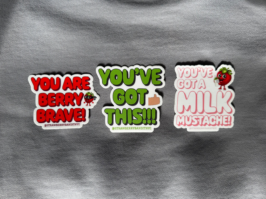 Colorful Strawberry Bandit sticker set with playful fruit and character designs on a white background