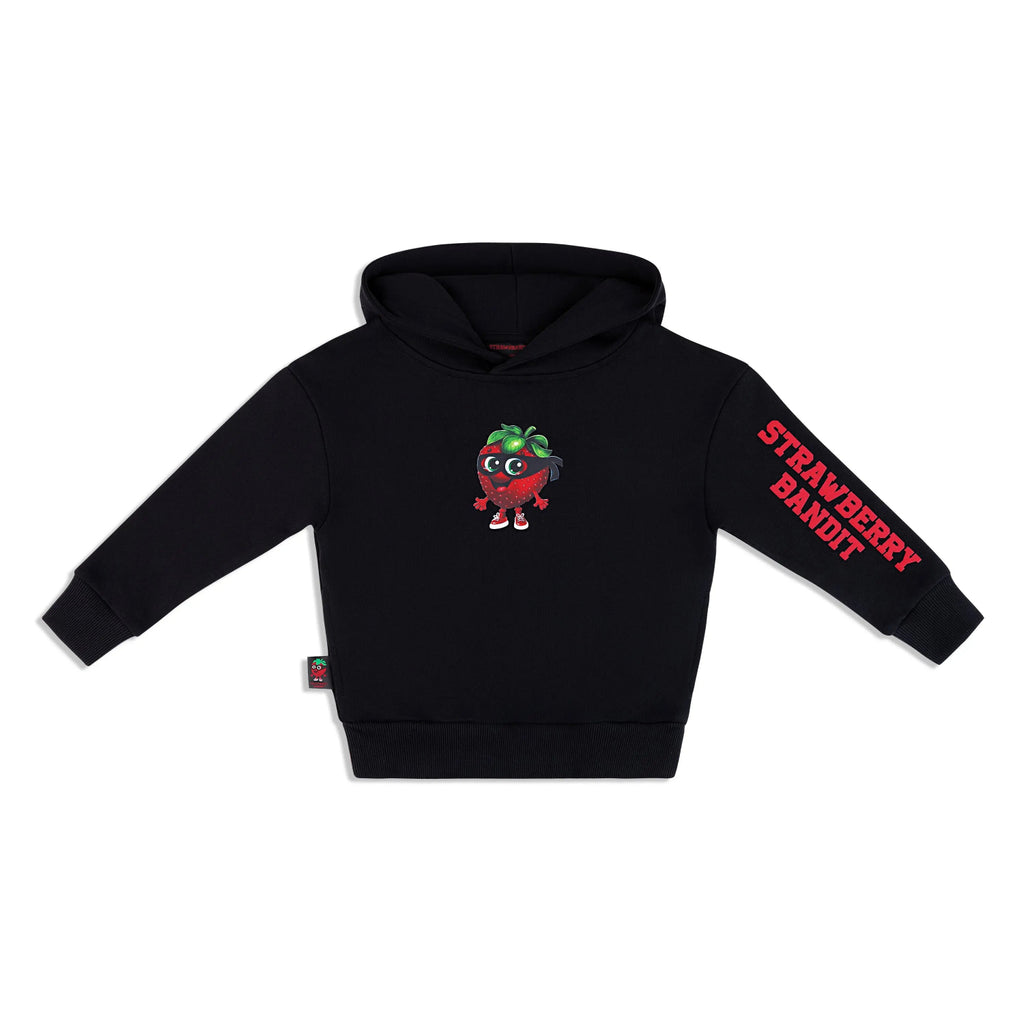 STRAWBERRY BANDIT HOODIE raised red print String Free Hood Slit Side Pocket