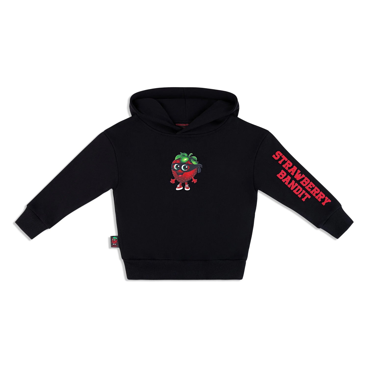 STRAWBERRY BANDIT HOODIE raised red print String Free Hood Slit Side Pocket