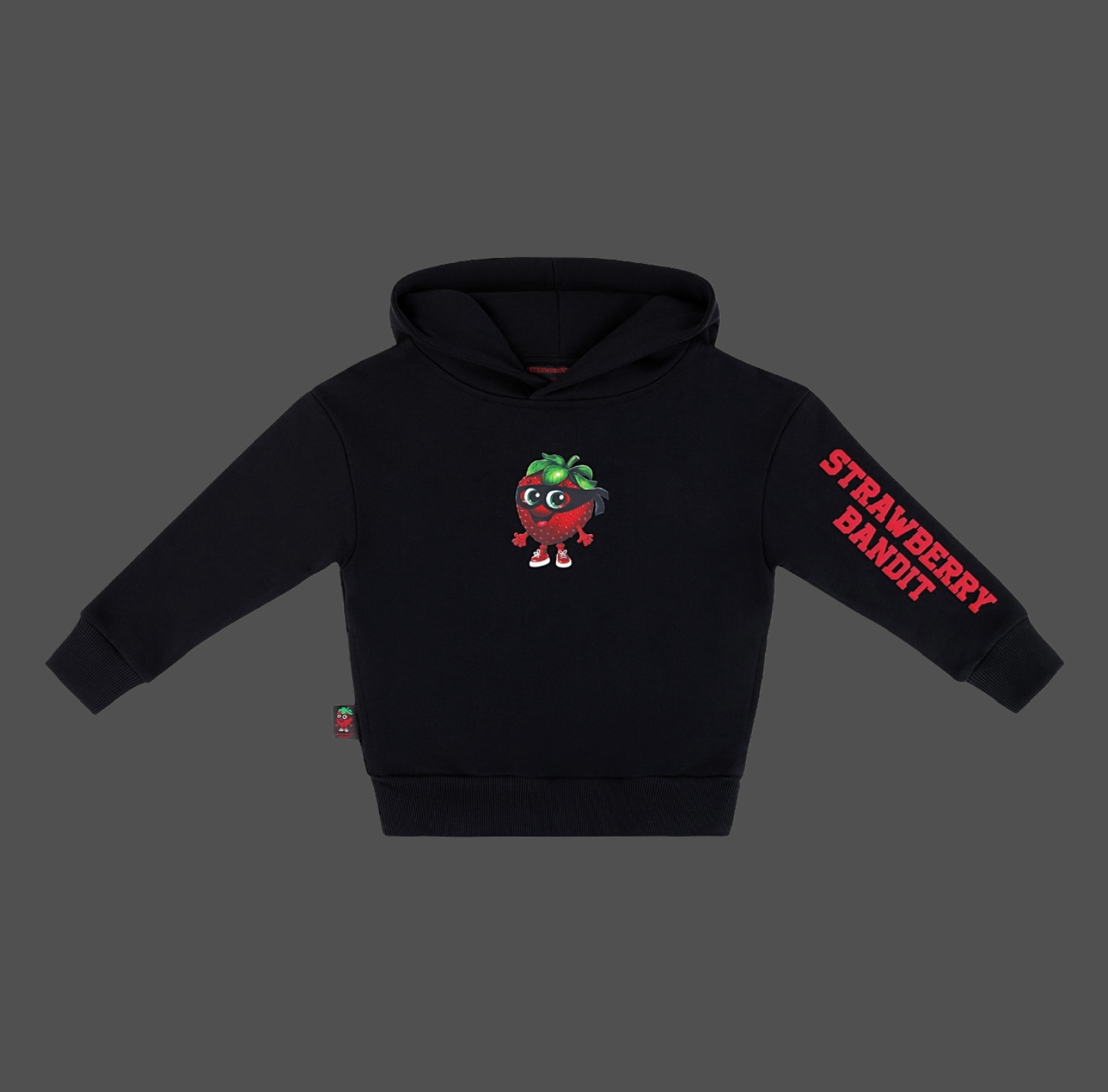 Strawberry Bandit heavyweight core hoodie in midnight black, featuring a comfortable fit and minimalist design.