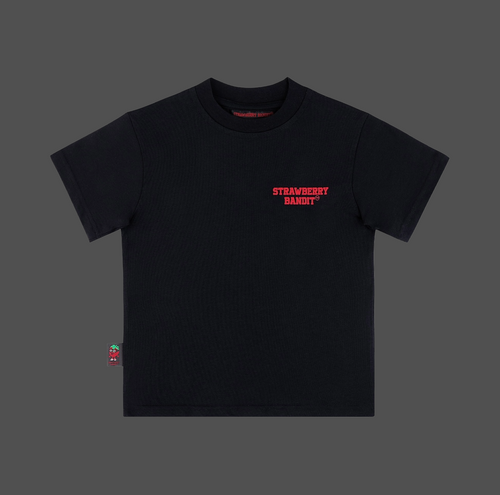 Strawberry Bandit kids heavyweight cotton tee – Fiery Red raised chest print detail on Midnight Black fabric