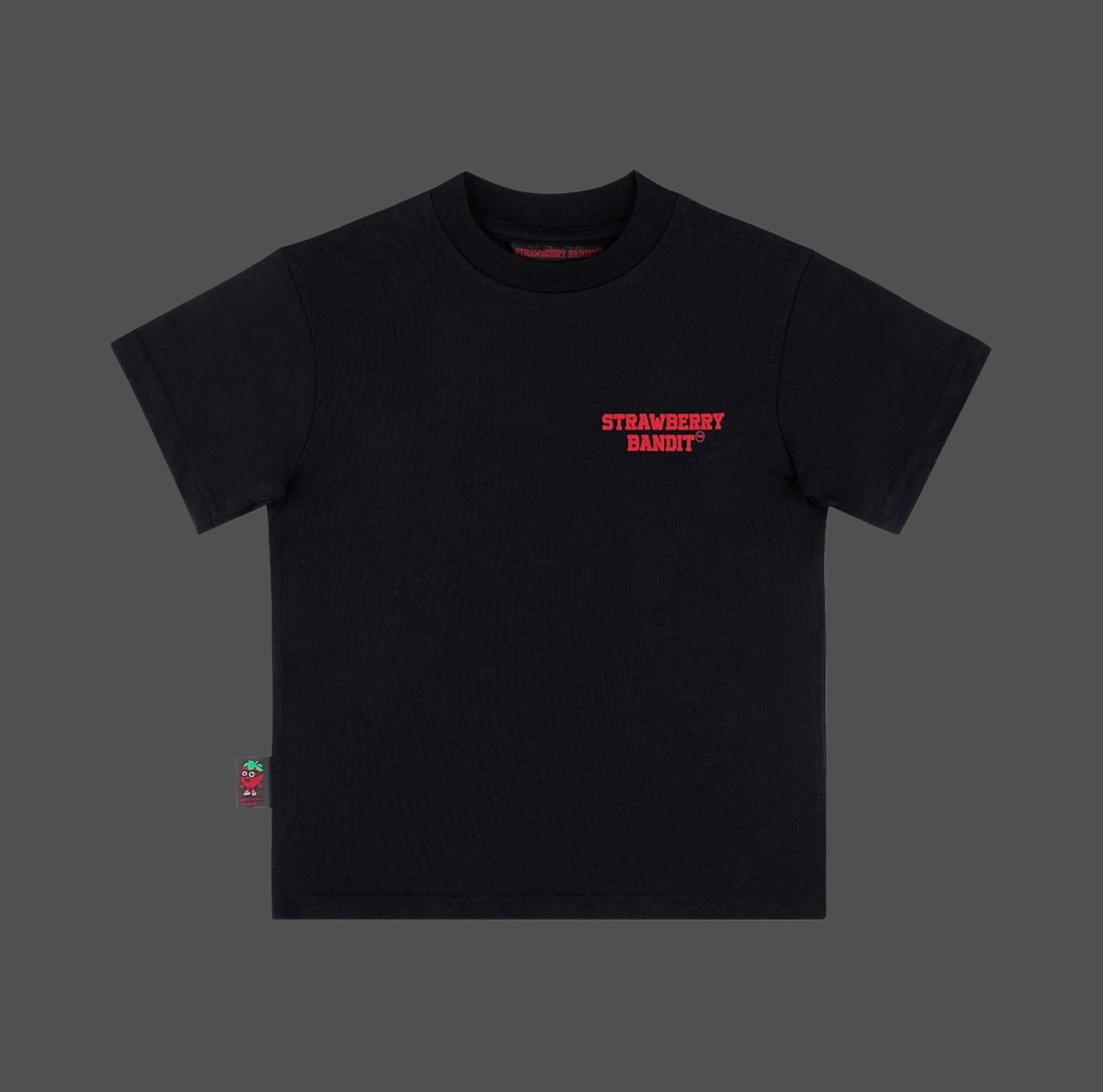 Strawberry Bandit kids heavyweight cotton tee – Fiery Red raised chest print detail on Midnight Black fabric