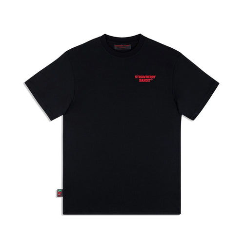 Strawberry Bandit unisex heavyweight tee – True Black with fiery red raised chest print, front view