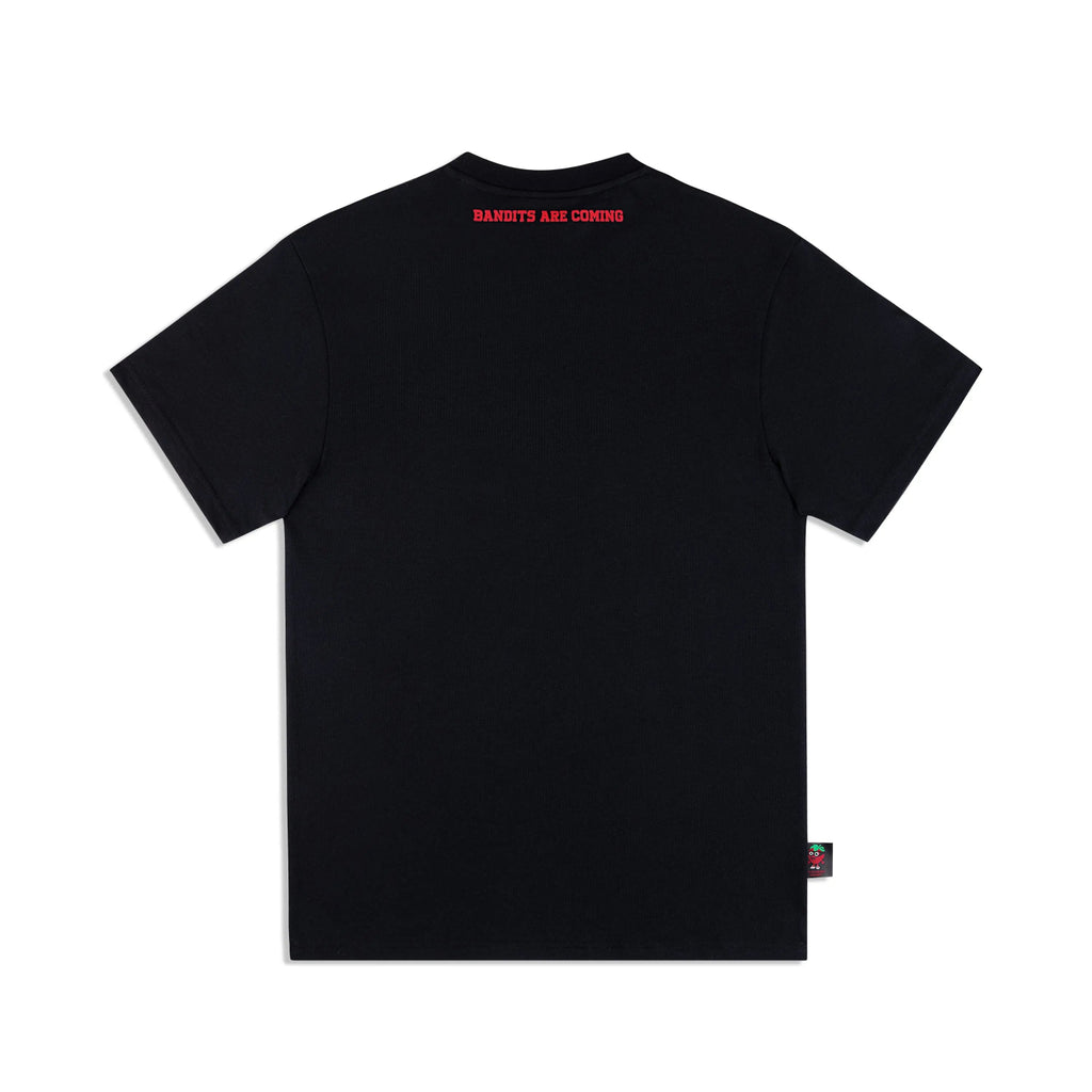 Strawberry Bandit 200 GSM cotton tee – True Black back view showing fiery red raised neck print