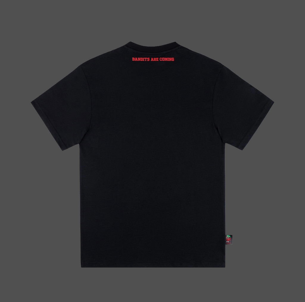 Strawberry Bandit Black T shirt Heavyweight Cotton Raised print back view.