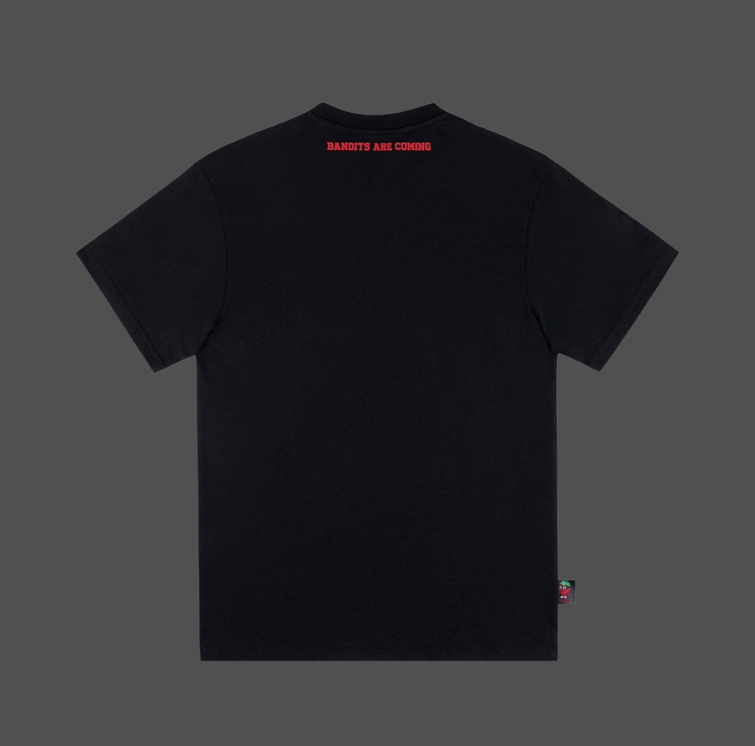 Strawberry Bandit Black T shirt Heavyweight Cotton Raised print back view.