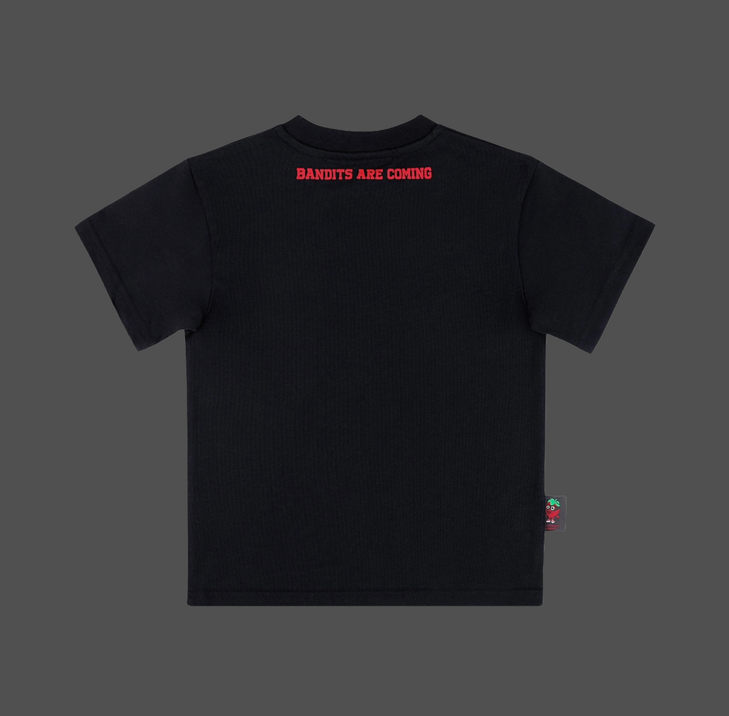 Strawberry Bandit black Kids t-shirt with red text 'BANDITS ARE COMING' on a gray background