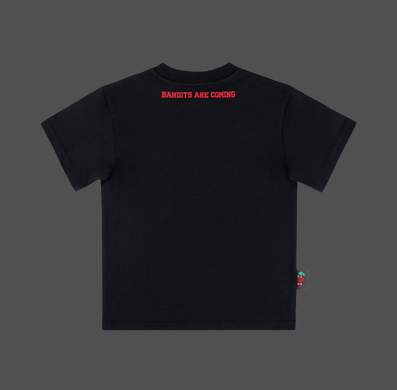 Strawberry Bandit black Kids t-shirt with red text 'BANDITS ARE COMING' on a gray background