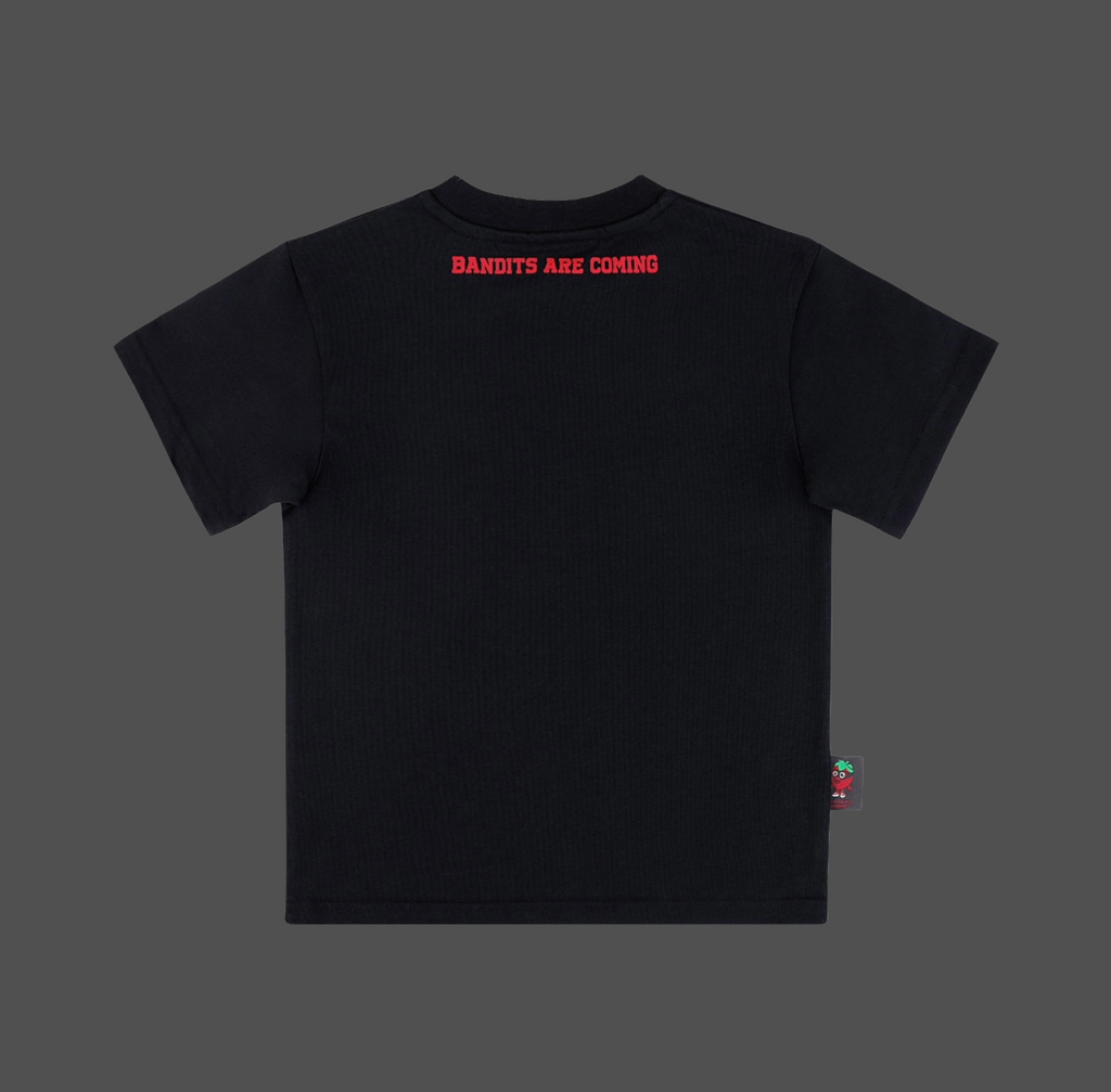 Strawberry Bandit Foundation Tee back view – 'BANDITS ARE COMING' Fiery Red neck tagline on Midnight Black kids tee.