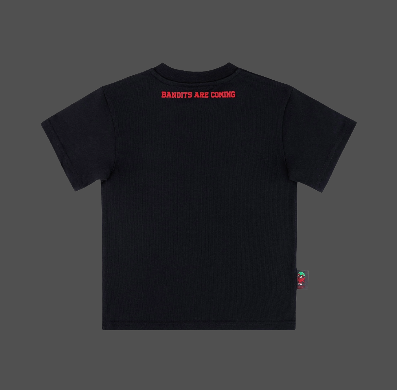 Strawberry Bandit Foundation Tee back view – 'BANDITS ARE COMING' Fiery Red neck tagline on Midnight Black kids tee.
